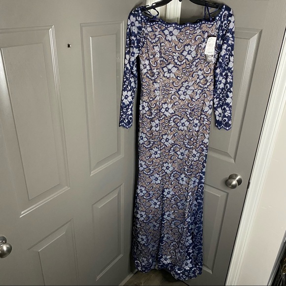 🥂🍾 Xscape New Sparkle / Lace Overlay Formal Dress Navy White Silver 6 - Picture 3 of 17